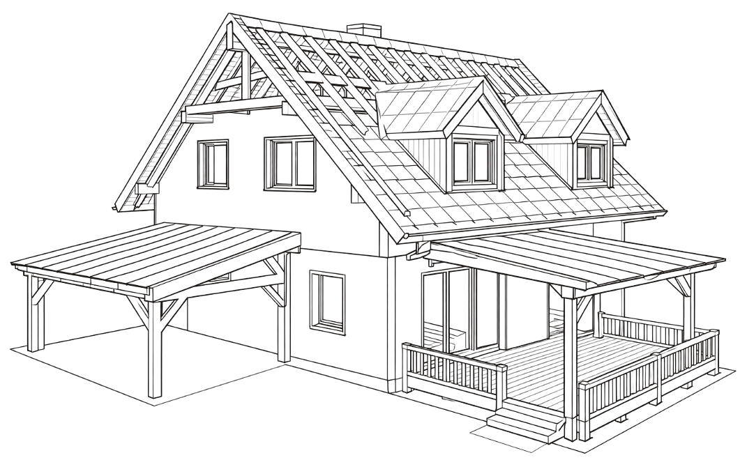 3D-Zeichnung eines Holzhauses mit Carport, Terrasse, Gauben und offenem Dachstuhl